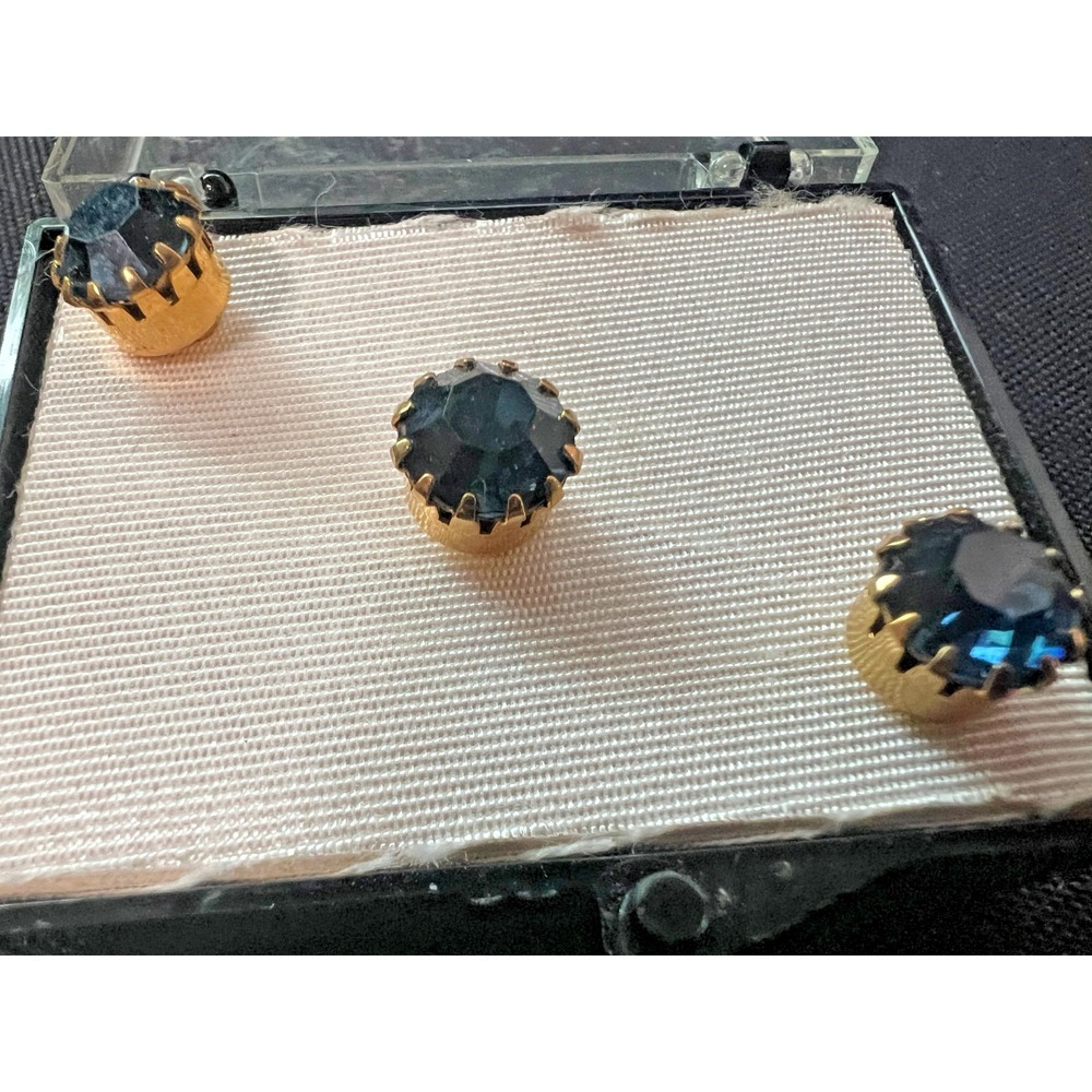 Vintage Navy Blue Faceted Shirt Studs Set of 3 Gold Tone Formal Tuxedo Studs NOS